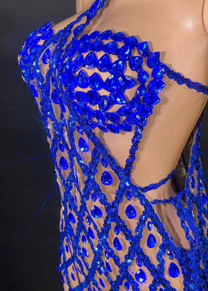Sexy Sparkly Multicolor Rhinestones Sleeveless Mesh Transparent Short Dress Women Birthday Celebrate Prom Dance Dress Plus Size