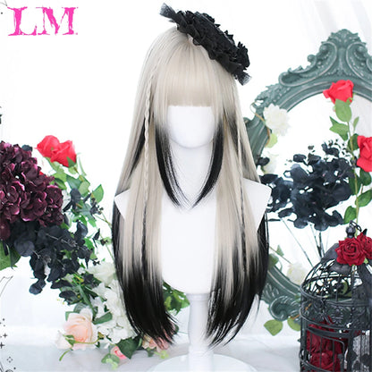 LM White Ombre Black Synthetic Wig for Women Long Curly Wave Wigs with Bangs Cosplay Party Heat Resistant Hair