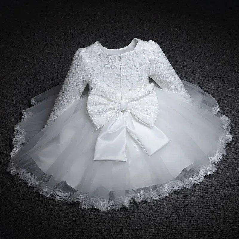 2024 Baby Girl Clothes Lace Long Sleeves Newborn Infant 1st Birthday Baptism Pink Dress Wedding Party Dresses for Girls Vestidos