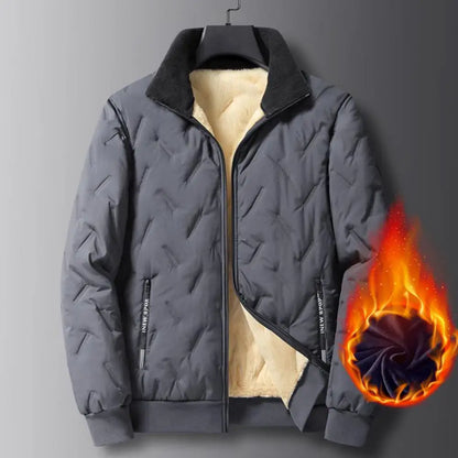 Embossed Lines Jacket Men Jacket Men's Embossed Lines Lapel Jacket with Zipper Pockets Elastic Hem Plush Lining Coat for Warmth