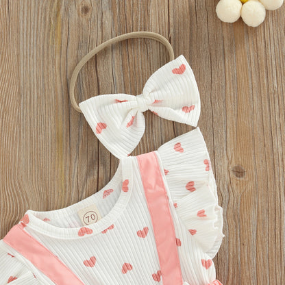 Infant Baby Girls Layette, Pink Heart Pattern Fake Two Pieces Romper and Bow Knot Headdress