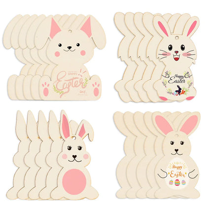 6/12Pcs Easter Wooden Bunny Pendants Blank Rabbit Wood Chips Kids Easter Party DIY Painting Crafts Gift Home Hanging Decoration