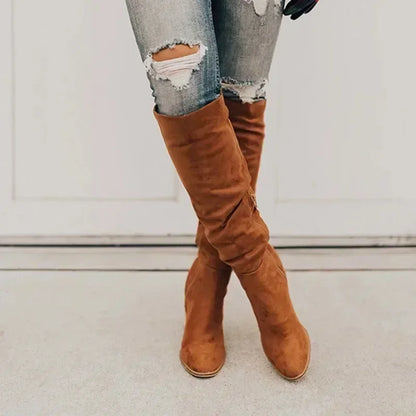 2024 Women Knee-High Boots Sexy High Heels Solid Color Women Shoes Zip Winter Warm Flock Fashion Pointed Toe Rome Females Boots