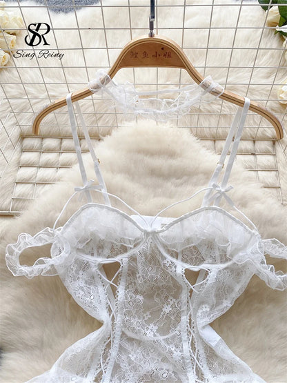 SINGREINY Lace Camis Open crotch Erotic Bodysuits Hollow Out Transparent Slim Playsuits Women Sexy Lingerie Sheer Porno Rompers