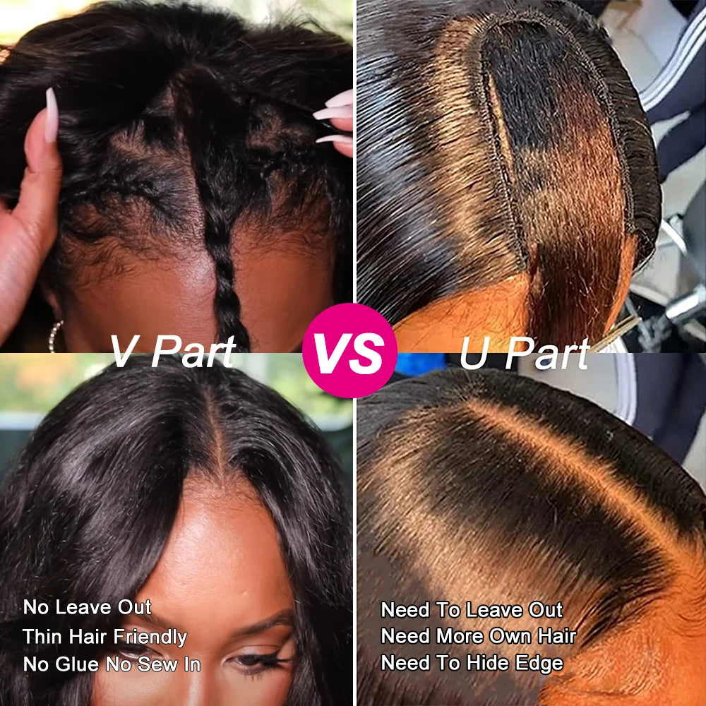 30 Inch Kinky Straight V Part Wig Brazilian Yaki Straight Human Hair U Part Wigs Middle Part Machine Made Remy Hair Easy Install