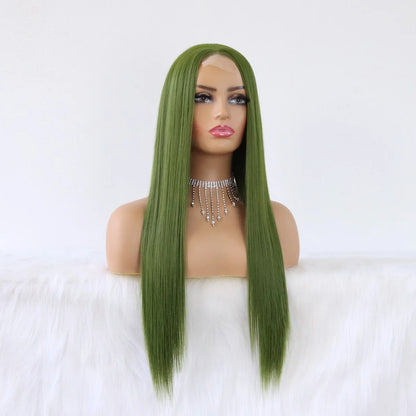 Olive Green Wig Long Straight Synthetic Hair Wigs for Women Matcha Green No Lace Front Wigs Heat Resistant Synthetic Wig 24 Inch