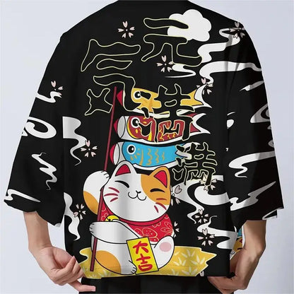 Japanese Kimono Yukata Samurai Kimono Man Cat Print Shirt Clothing Harajuku Cardigan For MenTraditional Haori Kimono Women