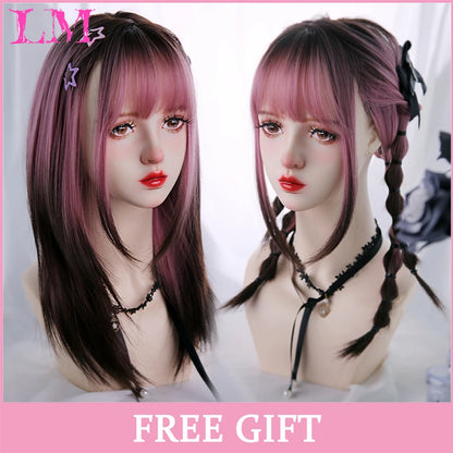 LM White Ombre Black Synthetic Wig for Women Long Curly Wave Wigs with Bangs Cosplay Party Heat Resistant Hair