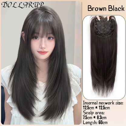 DOLLARUP  Hair Toppers with Bangs for Women Synthetic 12.5x12.5 Top Hairpieces Wigs Long Striaght Clip in Hair Extension