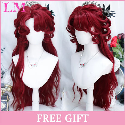LM White Ombre Black Synthetic Wig for Women Long Curly Wave Wigs with Bangs Cosplay Party Heat Resistant Hair