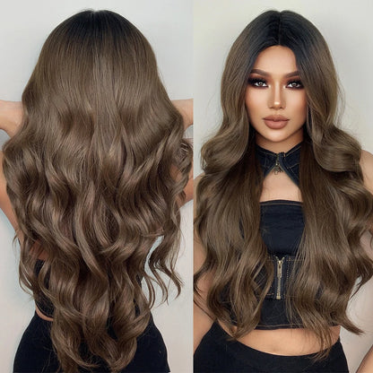 GEMMA Long Wavy Omber Brown Blonde Lace Front Wigs for Women Middle Part Lace Synthetic Wig Heat Resistant Cosplay Daily Hair