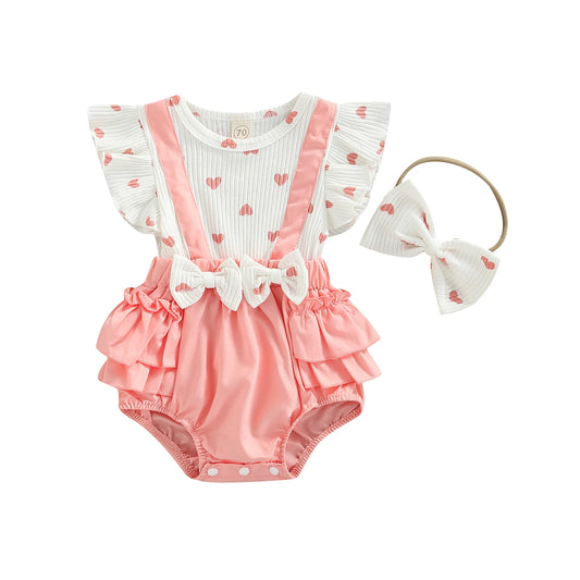 Infant Baby Girls Layette, Pink Heart Pattern Fake Two Pieces Romper and Bow Knot Headdress