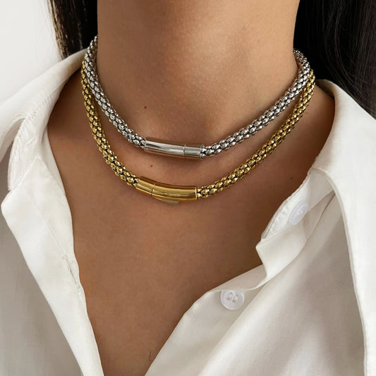 Peri'sbox Statement Stainless Steel Hollow Choker Necklace for Women Men Hip-Hop Gold Color Clavicle Chain Fashion Jewelry Party