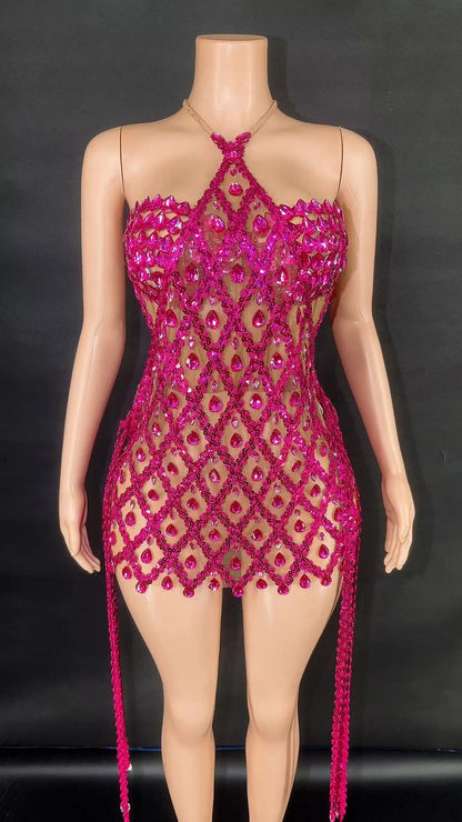 Sexy Sparkly Multicolor Rhinestones Sleeveless Mesh Transparent Short Dress Women Birthday Celebrate Prom Dance Dress Plus Size
