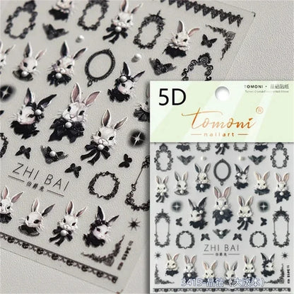 Noble Rococo Bunny Girl Pearl Butterfly Easter Egg Rabbit Soft Relief Self Adhesive 5D Nail Art Decoration Sticker 3D Nail Decal