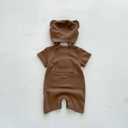 New In Summer Kids Baby Girls Boys Short Sleeve Waffle Patch Bear Infant Newborn Jumpsuits Cotton Romper Gift Hat with Ear