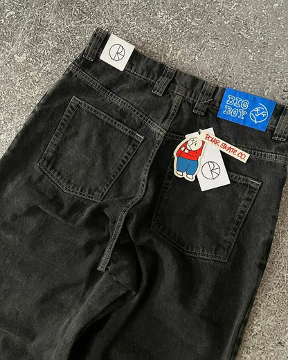 Harajuku Gothic Streetwear Polar Big Boy Jeans Japanese Hip Hop Cartoon Embroidery Baggy Jean Black Pant High Waisd Wide Trouser