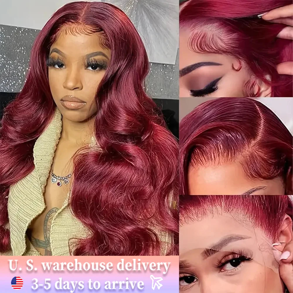13x6 99j Burgundy Color Body Wave Lace Front Wig Human Hair Pre Plucked 210% Long Wavy Wave Lace Front Wig Human Hair For Women