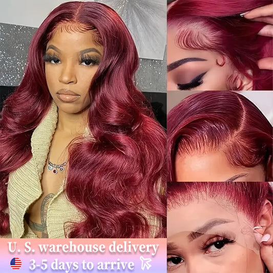 13x6 99j Burgundy Color Body Wave Lace Front Wig Human Hair Pre Plucked 210% Long Wavy Wave Lace Front Wig Human Hair For Women