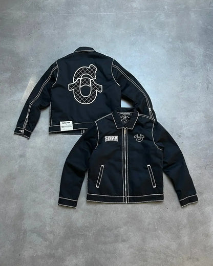 High street gothic y2k hip-hop pocket straight wide leg couple jeans retro embroidered zipper denim jacket two-piece set for men