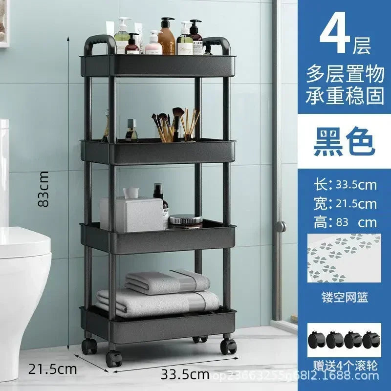 Plastic trolley storage rack, floor standing, kitchen bathroom, multi-layer snack storage rack, movable clip on storage rack