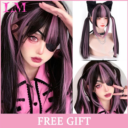 LM White Ombre Black Synthetic Wig for Women Long Curly Wave Wigs with Bangs Cosplay Party Heat Resistant Hair