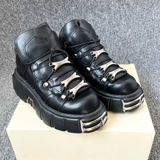 New Punk Style Women Shoes Lace-up Heel Height 6cm Platform Shoes Woman Gothic Ankle Rock Boots Metal Decoration Woman Sneakers