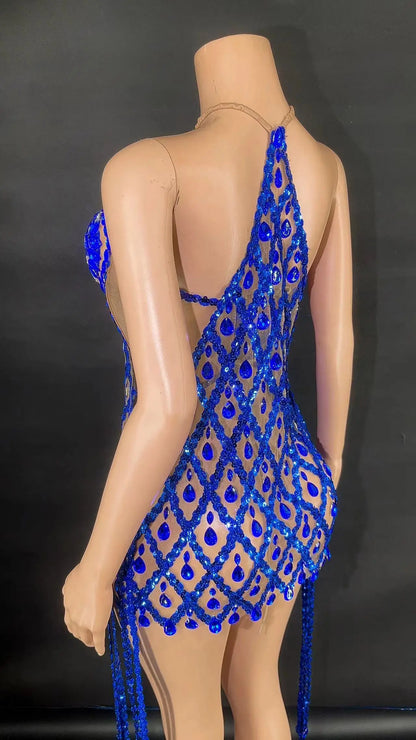 Sexy Sparkly Multicolor Rhinestones Sleeveless Mesh Transparent Short Dress Women Birthday Celebrate Prom Dance Dress Plus Size