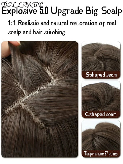 DOLLARUP  Hair Toppers with Bangs for Women Synthetic 12.5x12.5 Top Hairpieces Wigs Long Striaght Clip in Hair Extension