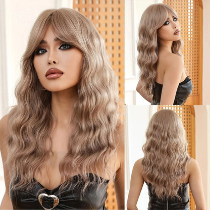 Blonde Ombre Synthetic Wigs with Long Bangs Long Curly Wavy Natural Hair Wigs for Afro Women Daily Party Heat Resistant