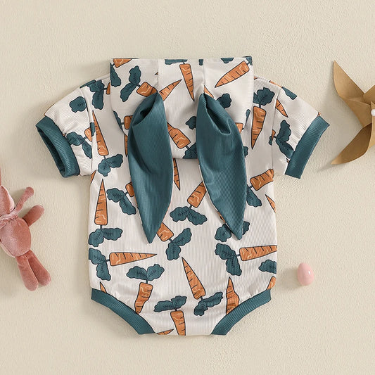 Cute Cartoon Animal Print Short Sleeve Romper with Hooded Ears for Infant Boys and Girls Summer Jumpsuit Easter Outfit