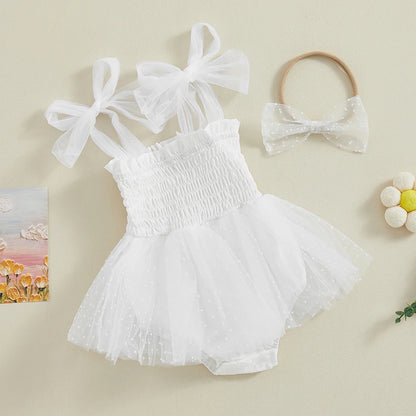 FOCUSNORM 0-18M Infant Baby Girls Princess Romper Dress 2pcs Strap Sleeveless Lace Up Dot Mesh Tulle Jumpsuits Hairband