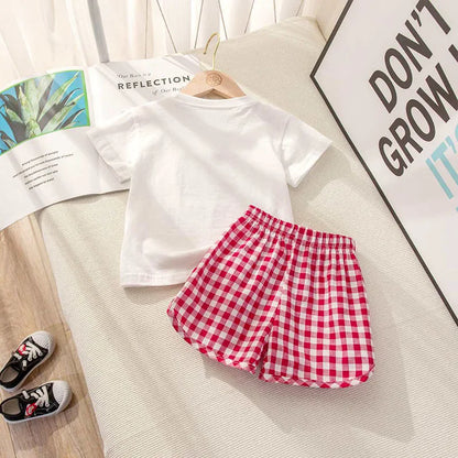 Baby Girls Clothes Sets Cute Fruit Print Short Sleeve+Plaid Shorts Toddler Summer Cotton T-Shirt Pant Set Outfits Kids Tracksuit