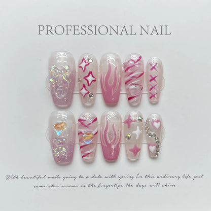 10pcs Handmade Almond Press On Nails Gradient Cat Eye Pink French Fake Nail Bow Design Full Cover Nail Tips Wearable False Nail