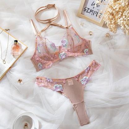 Yimunancy Embroidery Intimates Set Women Halter Bra + Mesh Panty Underwear Set Sexy Lingerie Everyday