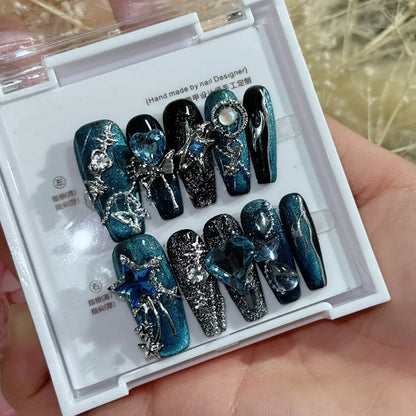 10pcs Cat Eye Press on Nails Y2k Metal Fake Nail with Glue Black Sweet Cool Press on False Nails Wearable Long Coffin Nails Art