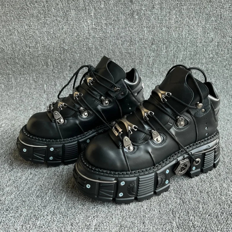 New Punk Style Women Shoes Lace-up Heel Height 6cm Platform Shoes Woman Gothic Ankle Rock Boots Metal Decoration Woman Sneakers