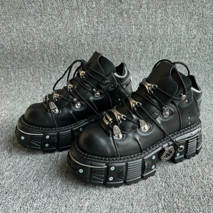 New Punk Style Women Shoes Lace-up Heel Height 6cm Platform Shoes Woman Gothic Ankle Rock Boots Metal Decoration Woman Sneakers