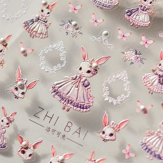 Noble Rococo Bunny Girl Pearl Butterfly Easter Egg Rabbit Soft Relief Self Adhesive 5D Nail Art Decoration Sticker 3D Nail Decal