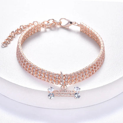 Adjustable Pet Necklace Cat Dog Collar with Diamond Zircon Bone Pendant Jewelry Luxury Metal Copper Puppy Collars Dog Supplies