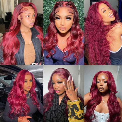 13x6 99j Burgundy Color Body Wave Lace Front Wig Human Hair Pre Plucked 210% Long Wavy Wave Lace Front Wig Human Hair For Women