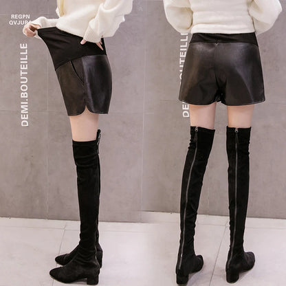Cotton's Belly Patchwork PU Leather Shorts For Pregnant Women Fashionable Wide-legged Short Pants Maternity Side Split Trousers