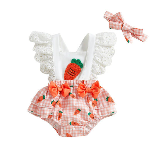 Baby Girl Easter Outfits Hollow Out Flying Sleeveless Square Neck Carrot Print Bodysuit with Bow Headband
