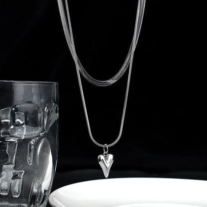 Seakissky Simple Stylish Double-layer Stainless Steel Necklace Charming Love Heart Pendant Hot Selling High-quality Women Gifts