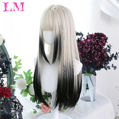 LM White Ombre Black Synthetic Wig for Women Long Curly Wave Wigs with Bangs Cosplay Party Heat Resistant Hair