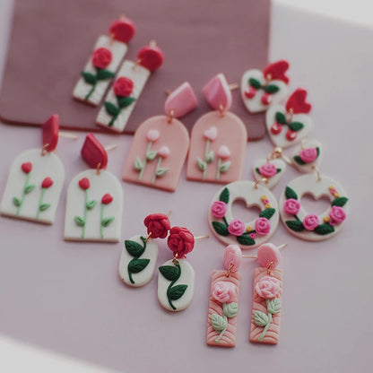 Holiday Delicate Spring Dangle Easter Floral Rose Flowers Cherry Glitter Vintage Gifts Polymer Clay Earrings Sets For Party