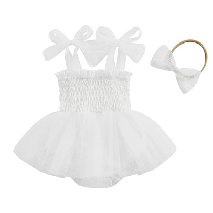 FOCUSNORM 0-18M Infant Baby Girls Princess Romper Dress 2pcs Strap Sleeveless Lace Up Dot Mesh Tulle Jumpsuits Hairband