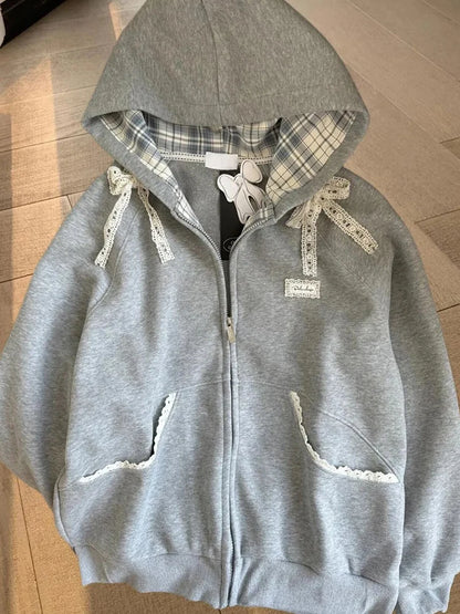 Zoki Lace Patchwork Hoodies Women Cute Bow Long Sleeve Sweatshirt Japan Preppy Style Sweet Loose Long Sleeve Female Gray Outwear