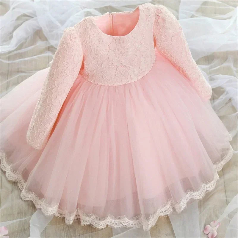 2024 Baby Girl Clothes Lace Long Sleeves Newborn Infant 1st Birthday Baptism Pink Dress Wedding Party Dresses for Girls Vestidos