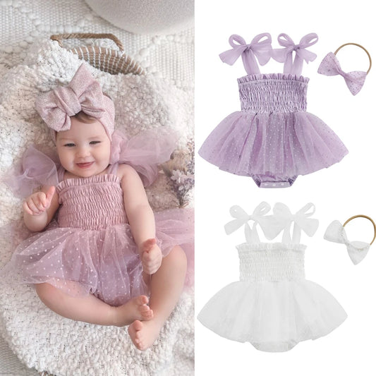 FOCUSNORM 0-18M Infant Baby Girls Princess Romper Dress 2pcs Strap Sleeveless Lace Up Dot Mesh Tulle Jumpsuits Hairband
